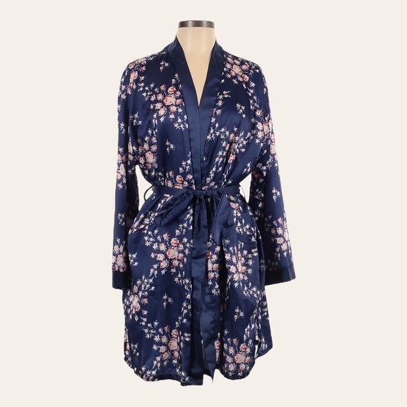 Morgan Lane Fabfitfun Navy Floral Satin Robe Size L/XL NWT - Picture 1 of 11